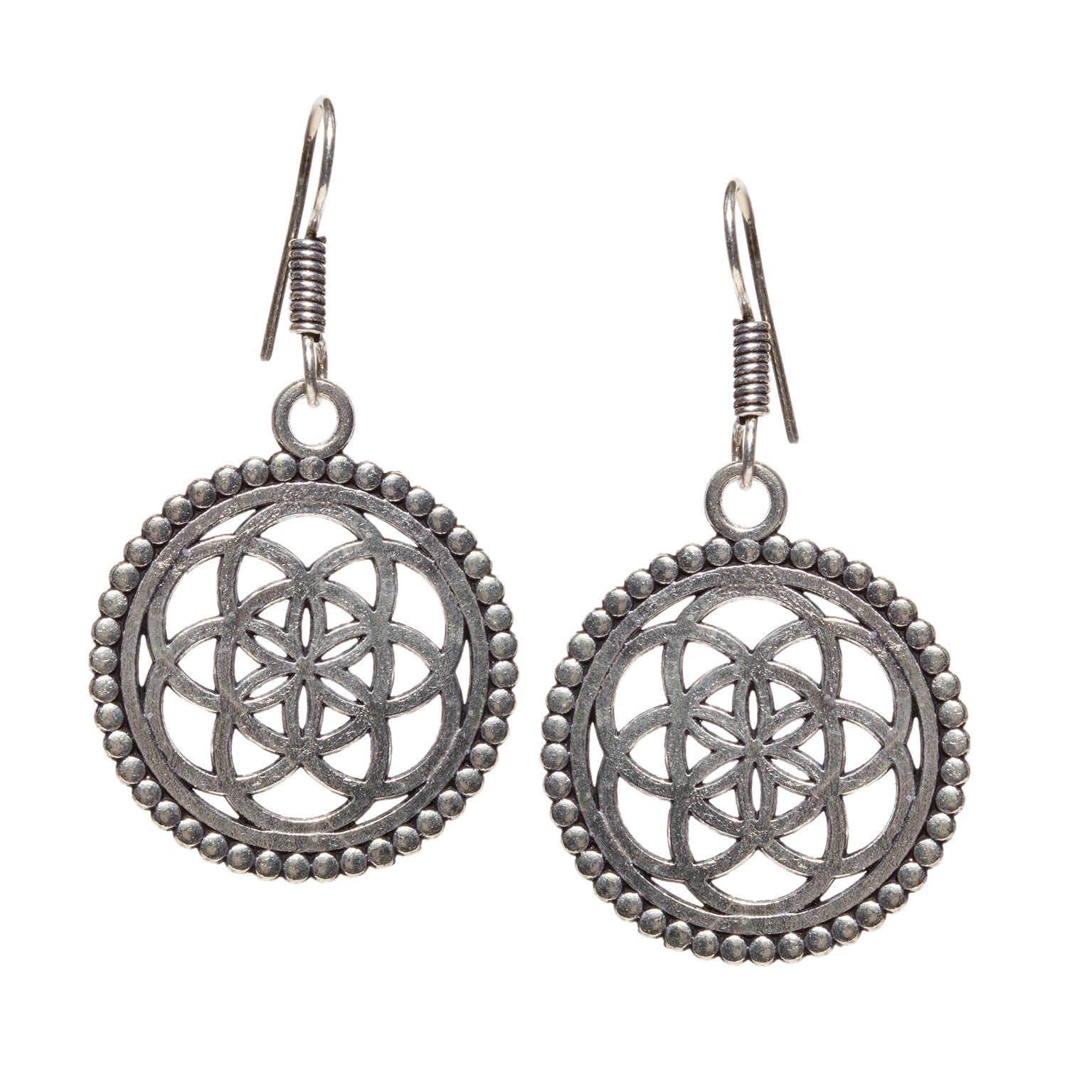 bindhani silver plated rangoli mandala art pattern design oxidised earrings secured with fish hook earwire for women and girls