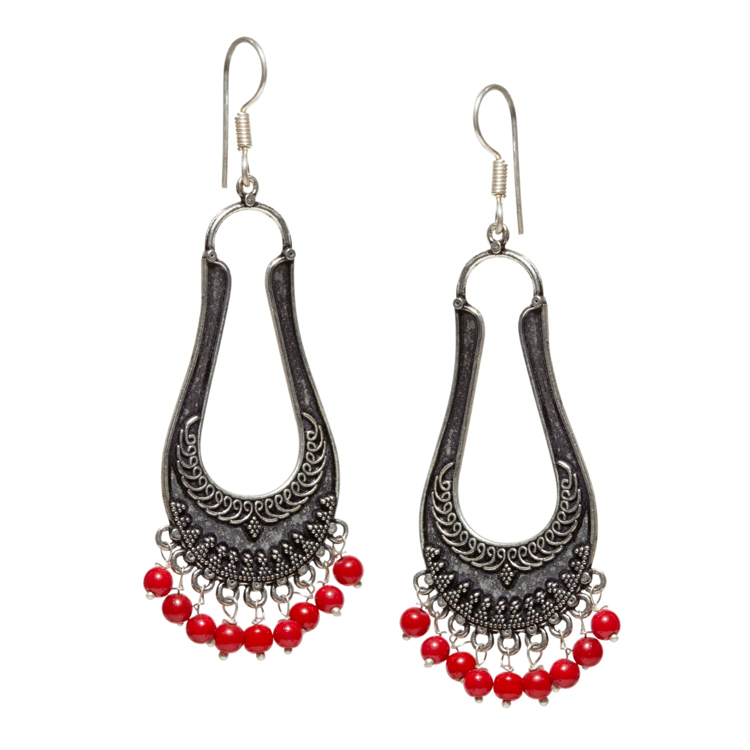 bindhani silver plated red beads black oxidised long earrings for women and girls