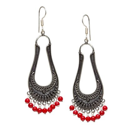 bindhani silver plated red beads black oxidised long earrings for women and girls