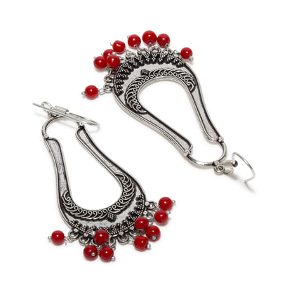 bindhani silver plated red beads black oxidised long earrings secured with fish hook for women and girls