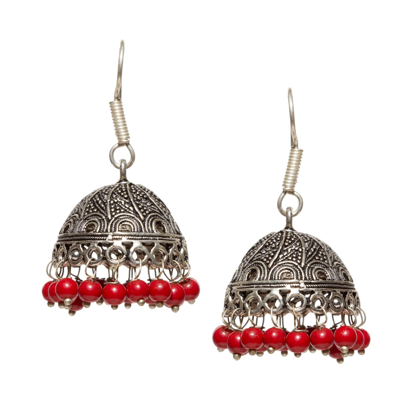 bindhani silver plated red beads oxidized jhumka fish hook earrings for women and girls