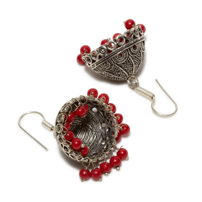 bindhani silver plated red beads oxidized jhumka fish hook earrings for women and girls