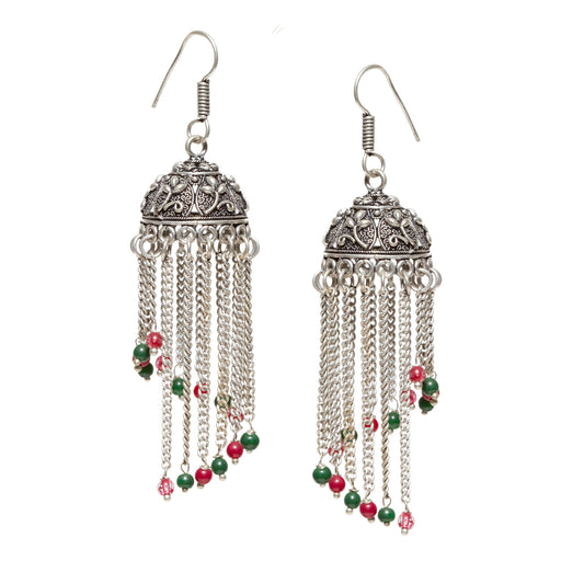 bindhani silver plated red green beads long jhumka earrings for women and girls