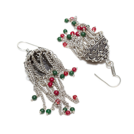 bindhani silver plated red green beads long jhumka earrings for women and girls