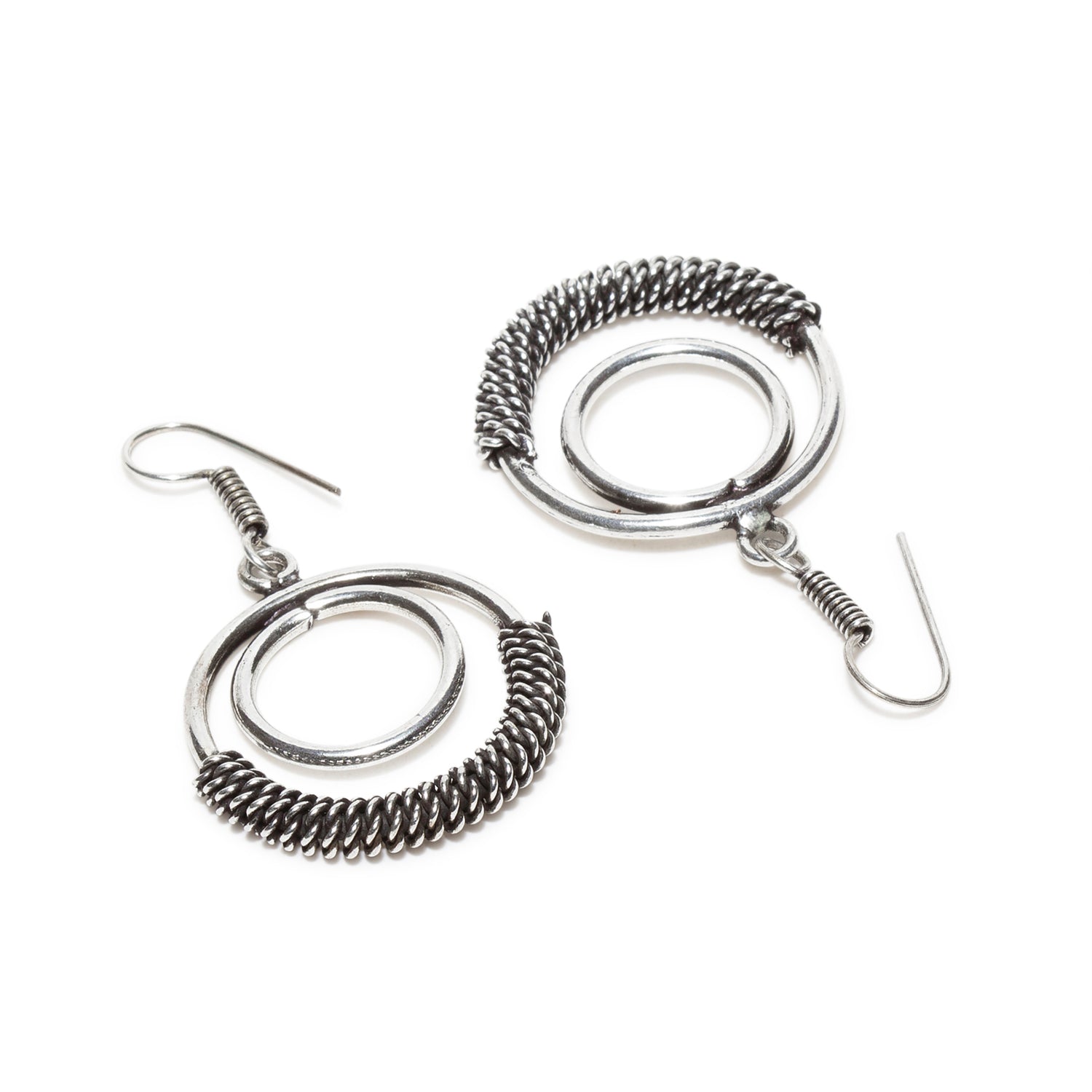 bindhani silver plated round shaped dangle pair oxidised earrings secured with fish hook earwire for women and girls