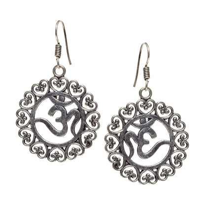 bindhani silver plated symbol of oom shaped lightweight oxidised earrings secured with fish hook earwire for women and girls