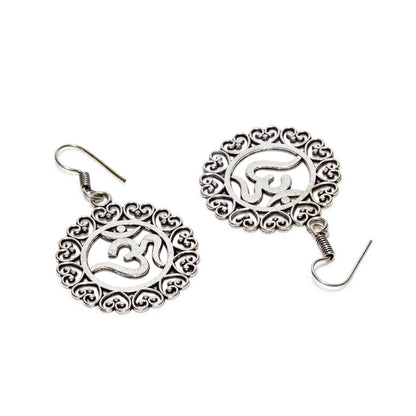 bindhani silver plated symbol of oom shaped lightweight oxidised earrings secured with fish hook earwire for women and girls