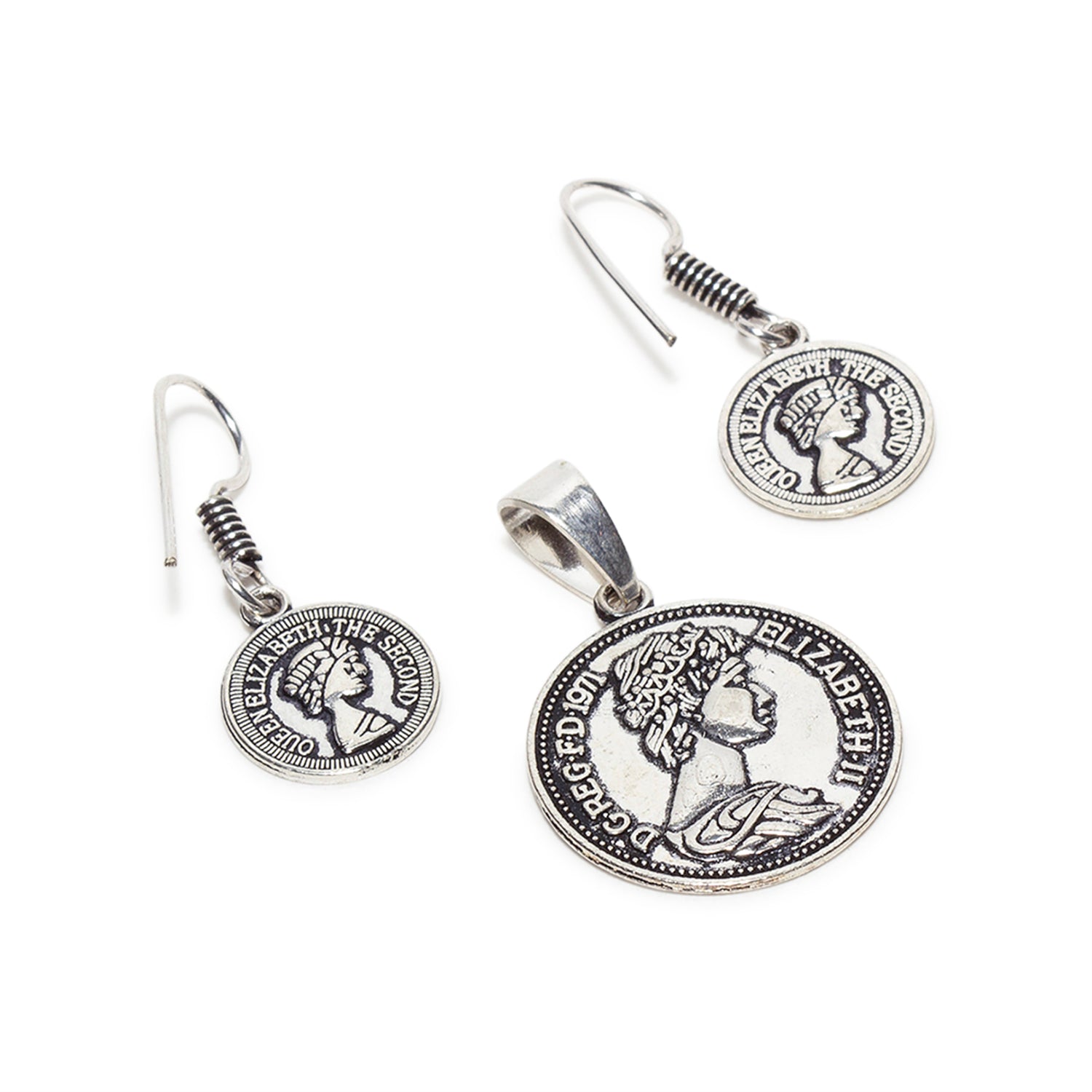 bindhani silver plated vintage coin princess pendant with fish hook hanging oxidised earrings secured with fish hook wire for women and girls