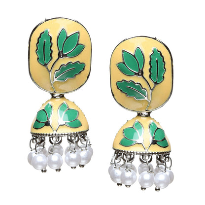 bindhani silver plated yellow multicolor meenakari pearl drops jhumki earrings for women girls