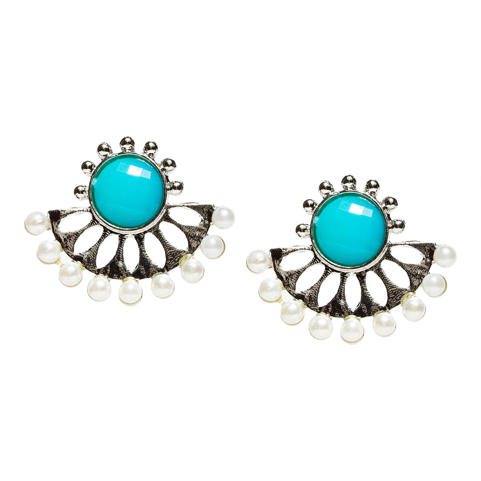 bindhani silver tone beads moon turquoise stone stud earring for women and girls