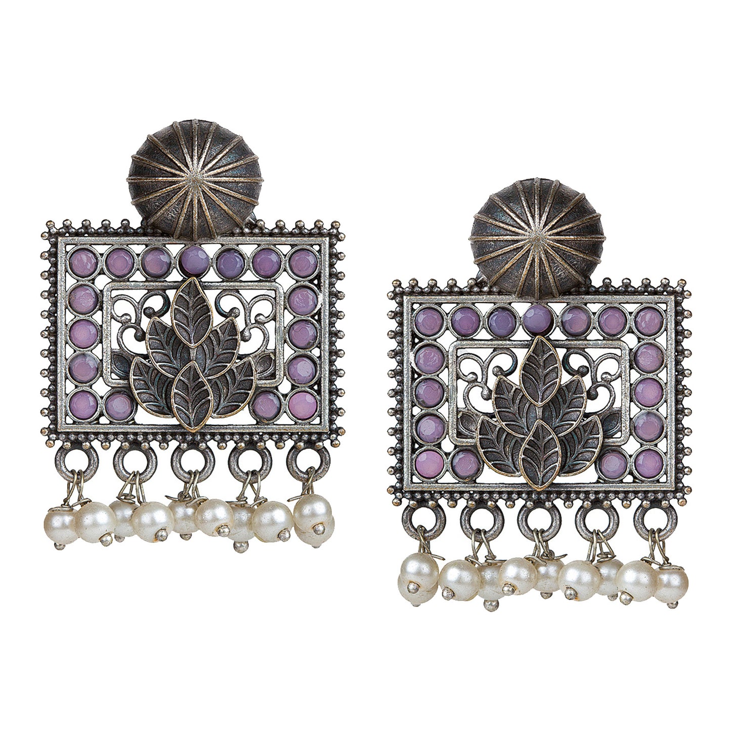 bindhani silver toned pink stone pearl beads oxidised earrings for women girls