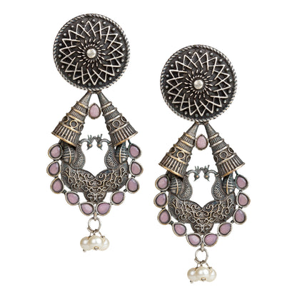 bindhani silver toned pink stone pearl beads oxidised earrings for women girls