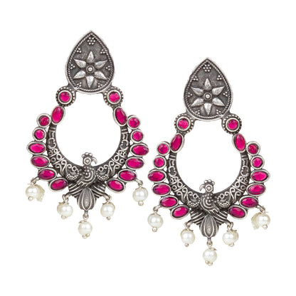 bindhani silver toned Red stone pearl beads oxidised earrings for women girls