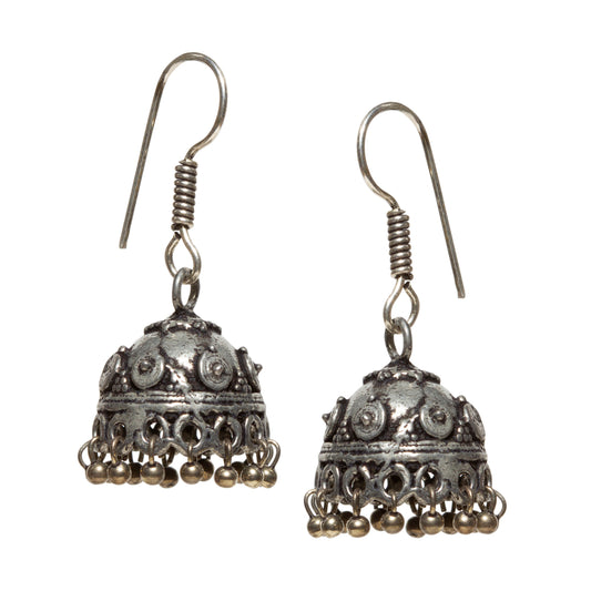 bindhani silver toned antique black oxidised jhumka earrings fish hook for women and girls