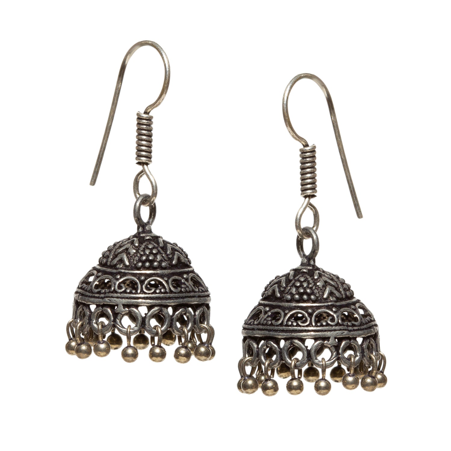 bindhani silver toned antique black oxidised jhumka fish hook earrings for women and teenage girls