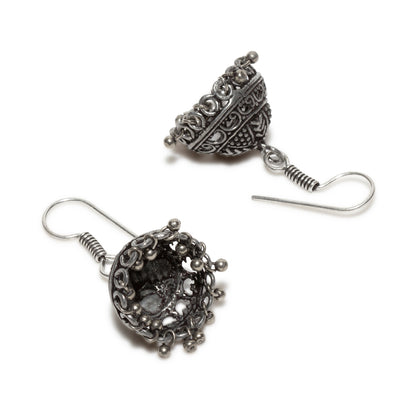 bindhani silver toned antique black oxidised jhumka fish hook earrings for women and teenage girls