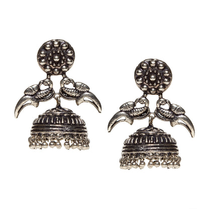 bindhani silver toned beads & oxidised jhumka earrings secured with post back closure for women and girls