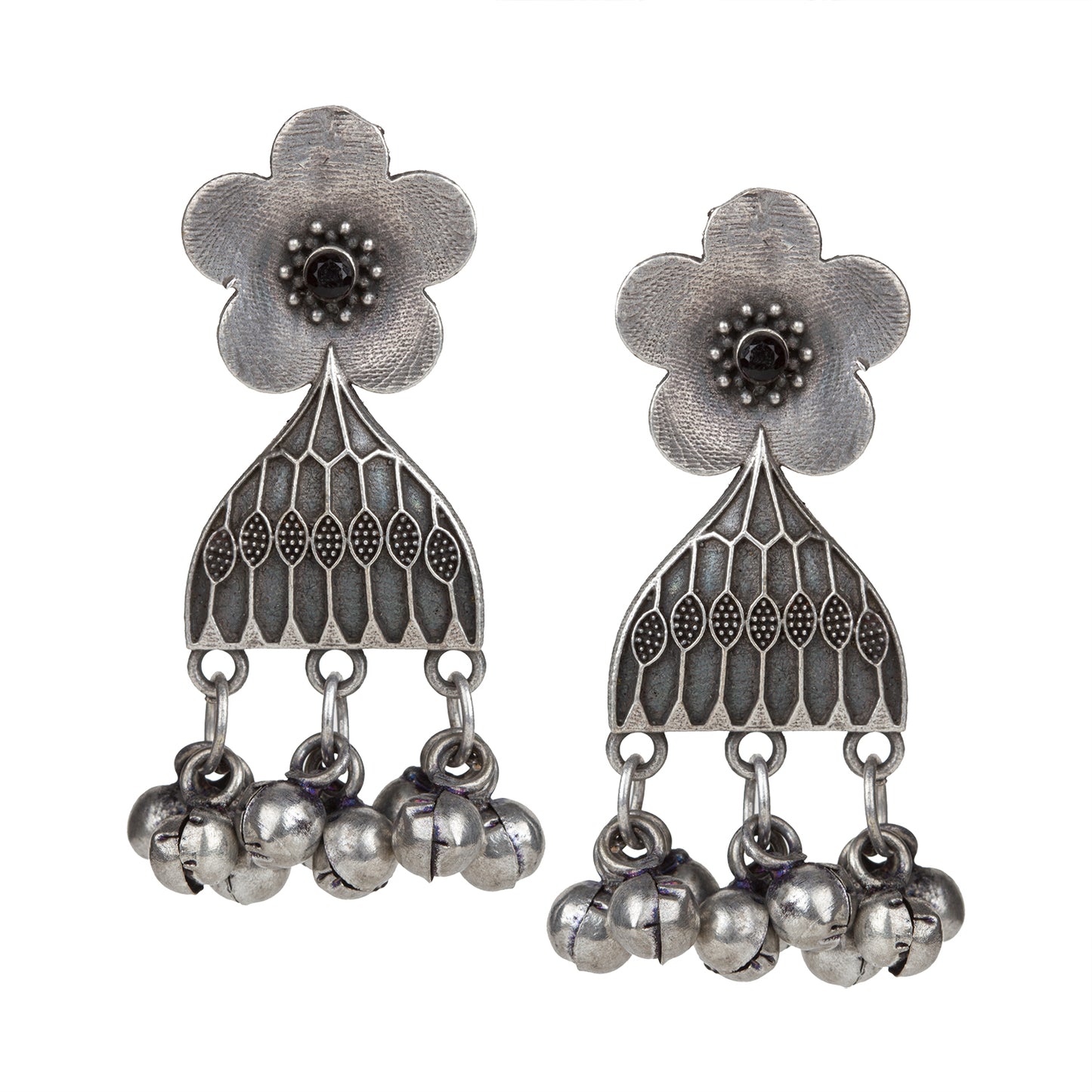 bindhani silver toned black stone beads oxidised earrings for women girls