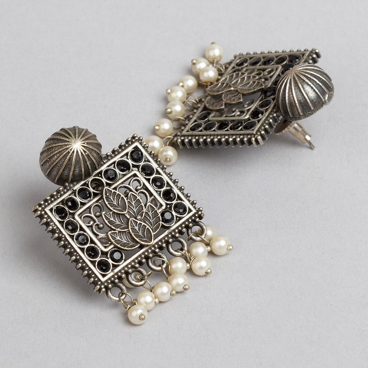 bindhani silver toned black stone pearl beads oxidised earrings for women girls