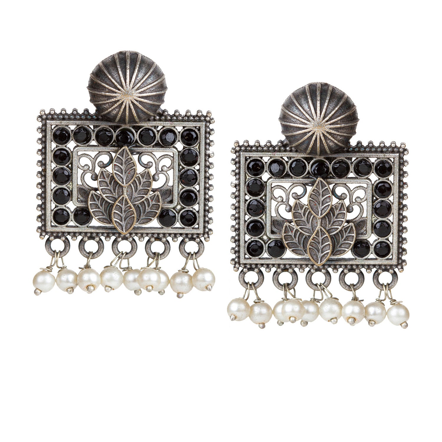 bindhani silver toned black stone pearl beads oxidised earrings for women girls