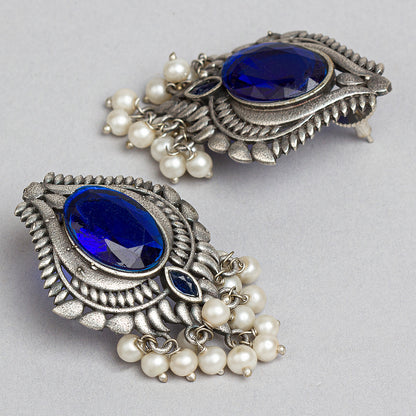 bindhani silver toned blue stone pearl beads oxidised earrings for women girls