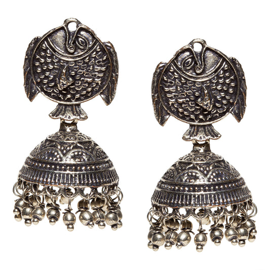 bindhani silver toned fish shaped ghungroo black oxidised earrings jhumka for women and girls