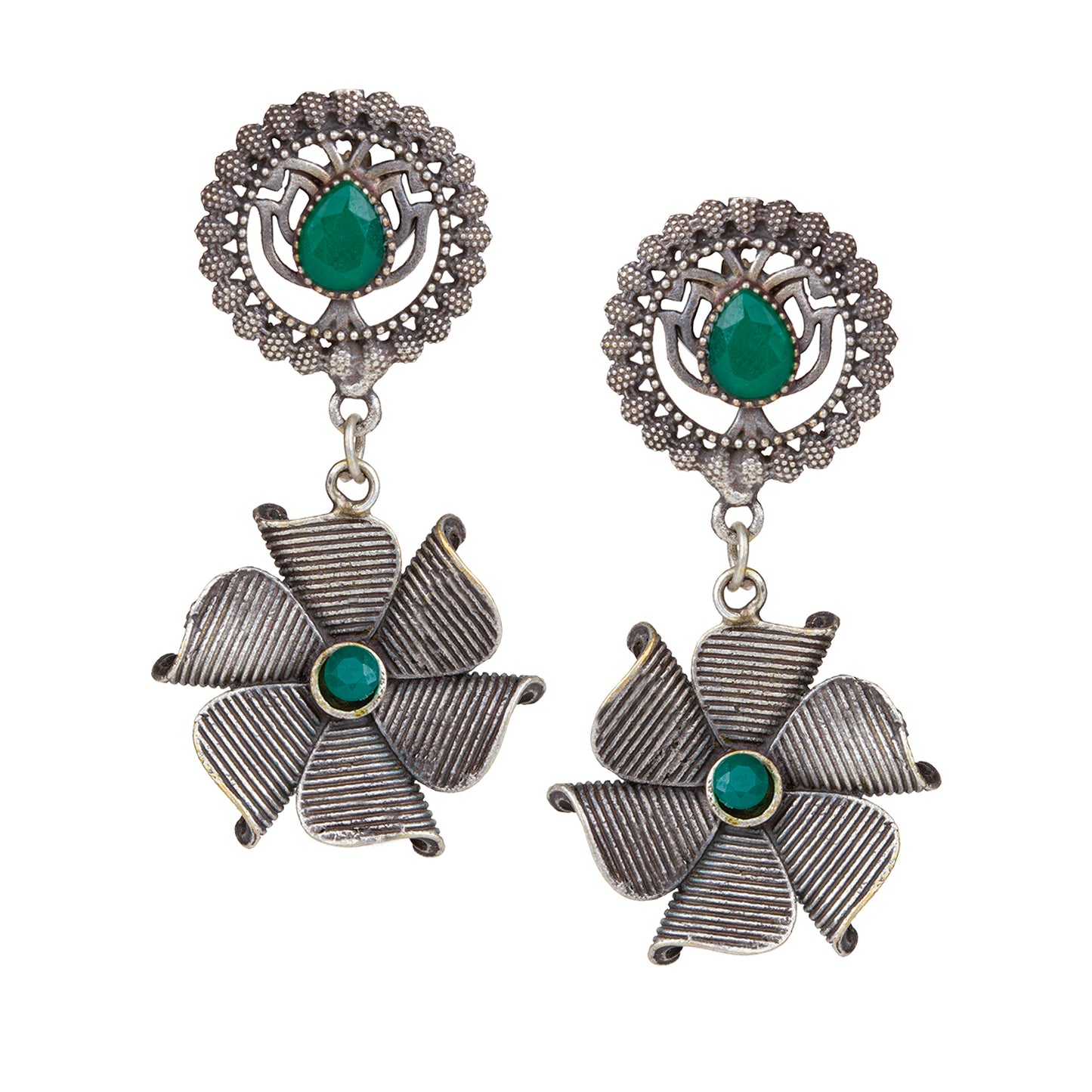 bindhani silver toned green stone pearl beads oxidised earrings for women girls