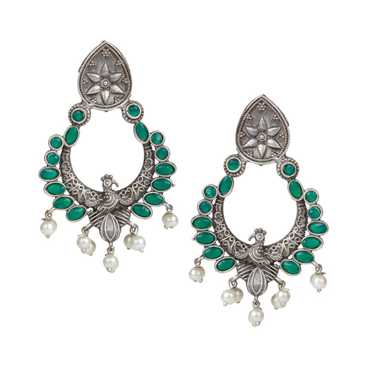 bindhani silver toned green stone pearl beads oxidised earrings for women girls