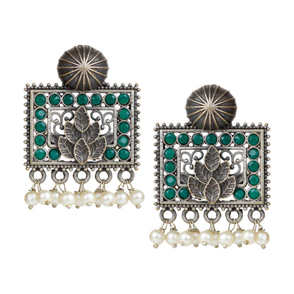 bindhani silver toned green stone pearl beads oxidised earrings for women girls