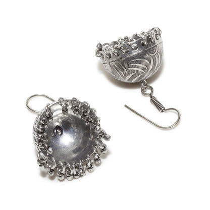 bindhani silver toned lightweight hand hammered oxidized german silver jhumki, earrings secured with post back closure for women and girls