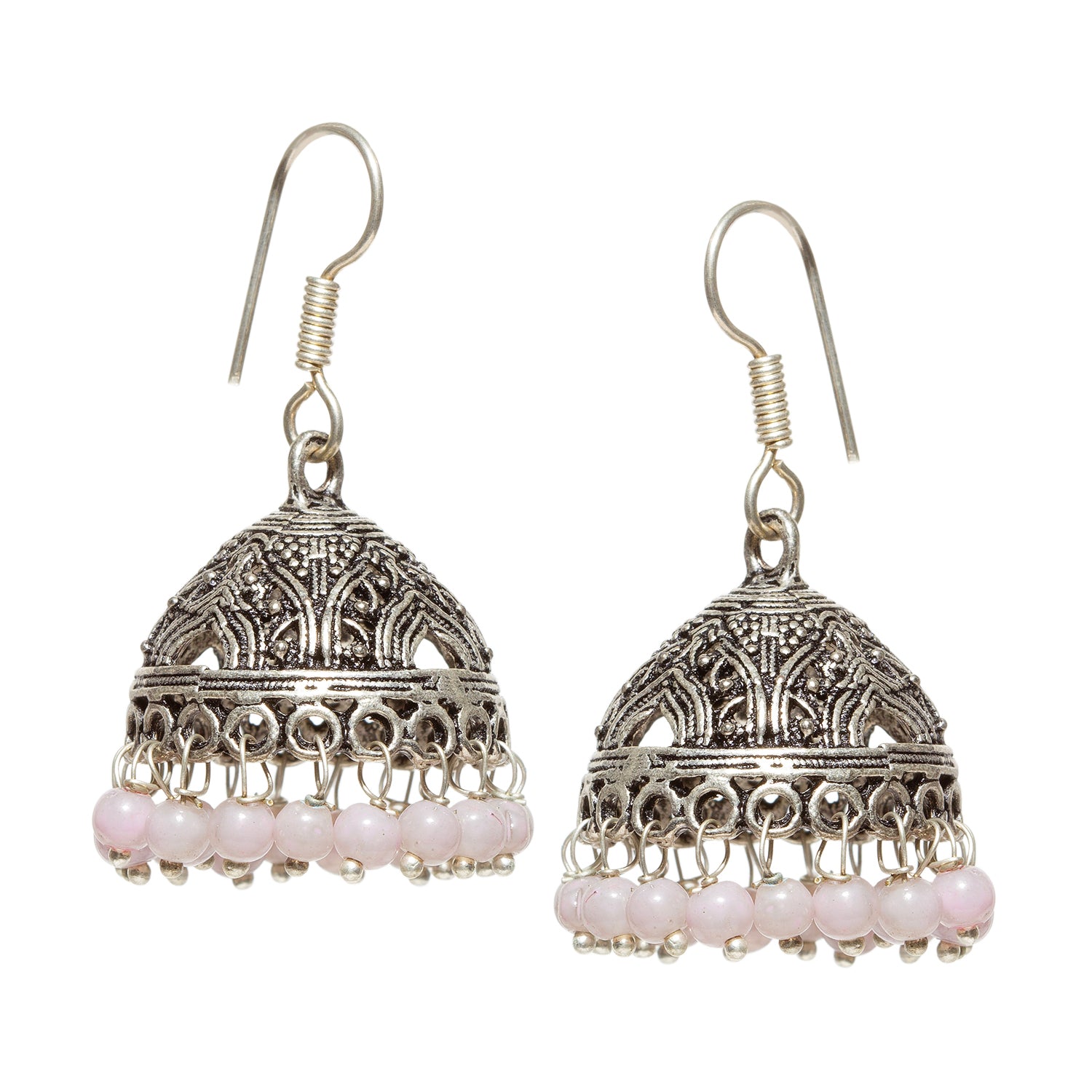 bindhani silver toned lavender beads pink oxidised fish hook jhumki earrings for women and girls