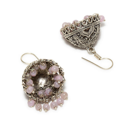 bindhani silver toned lavender beads pink oxidised fish hook jhumki earrings for women and girls