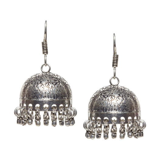 bindhani silver toned light weight antique black oxidized jhumki earrings fish hook earwire for women and teenage girls