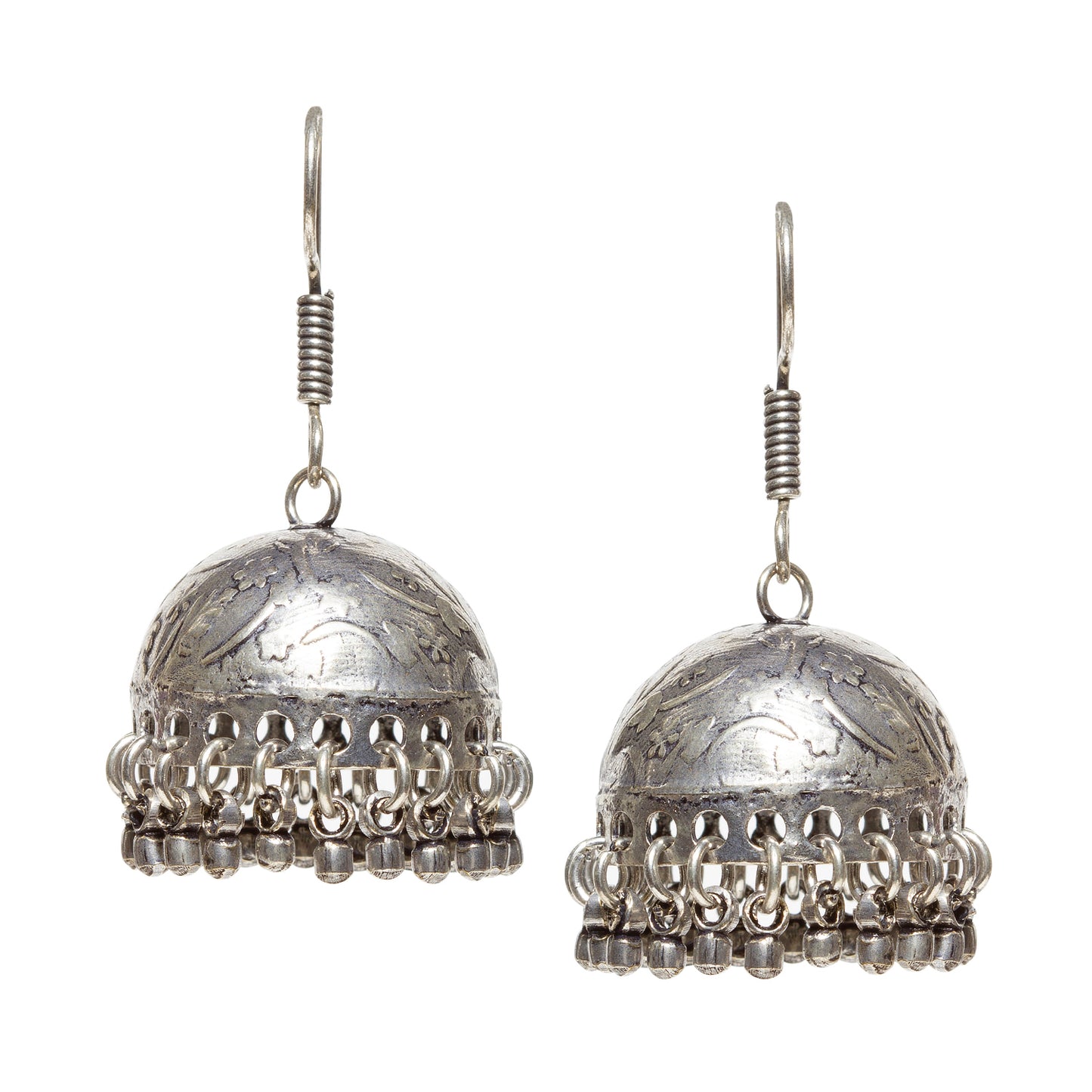 bindhani silver toned light weight oxidised jhumki earrings fish hook for women and girls