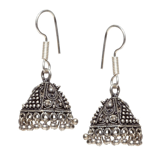 bindhani silver toned light weight small oxidised jhumki fish hook earrings for women and girls