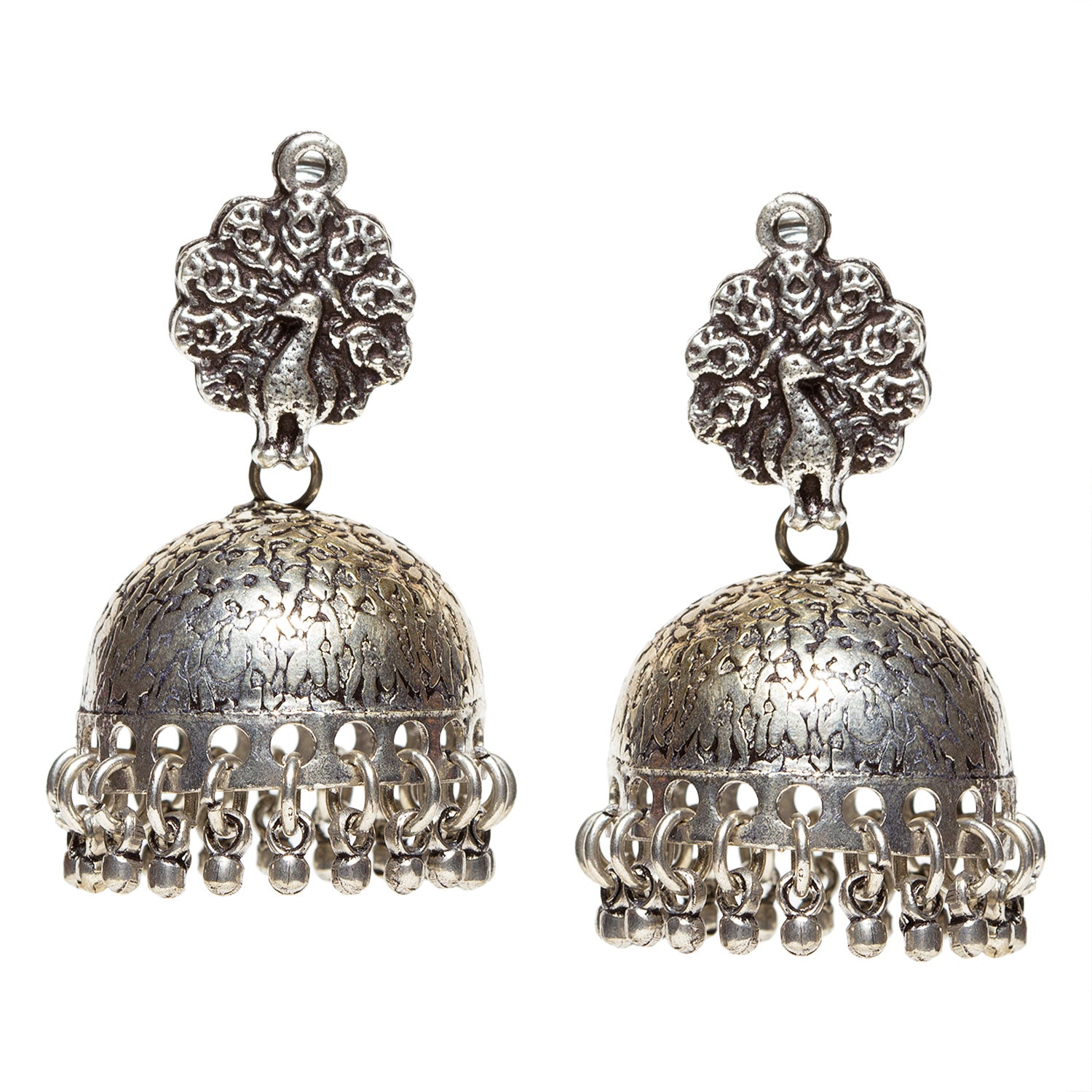 bindhani silver toned lightweight peacock oxidised jhumki earrings for women and girls