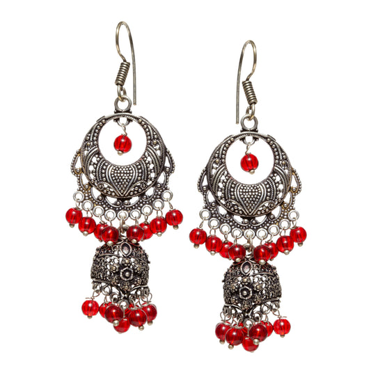 bindhani silver toned lightweight red beaded oxidised longer hanging jhumki earrings fish hook wire for women and girls