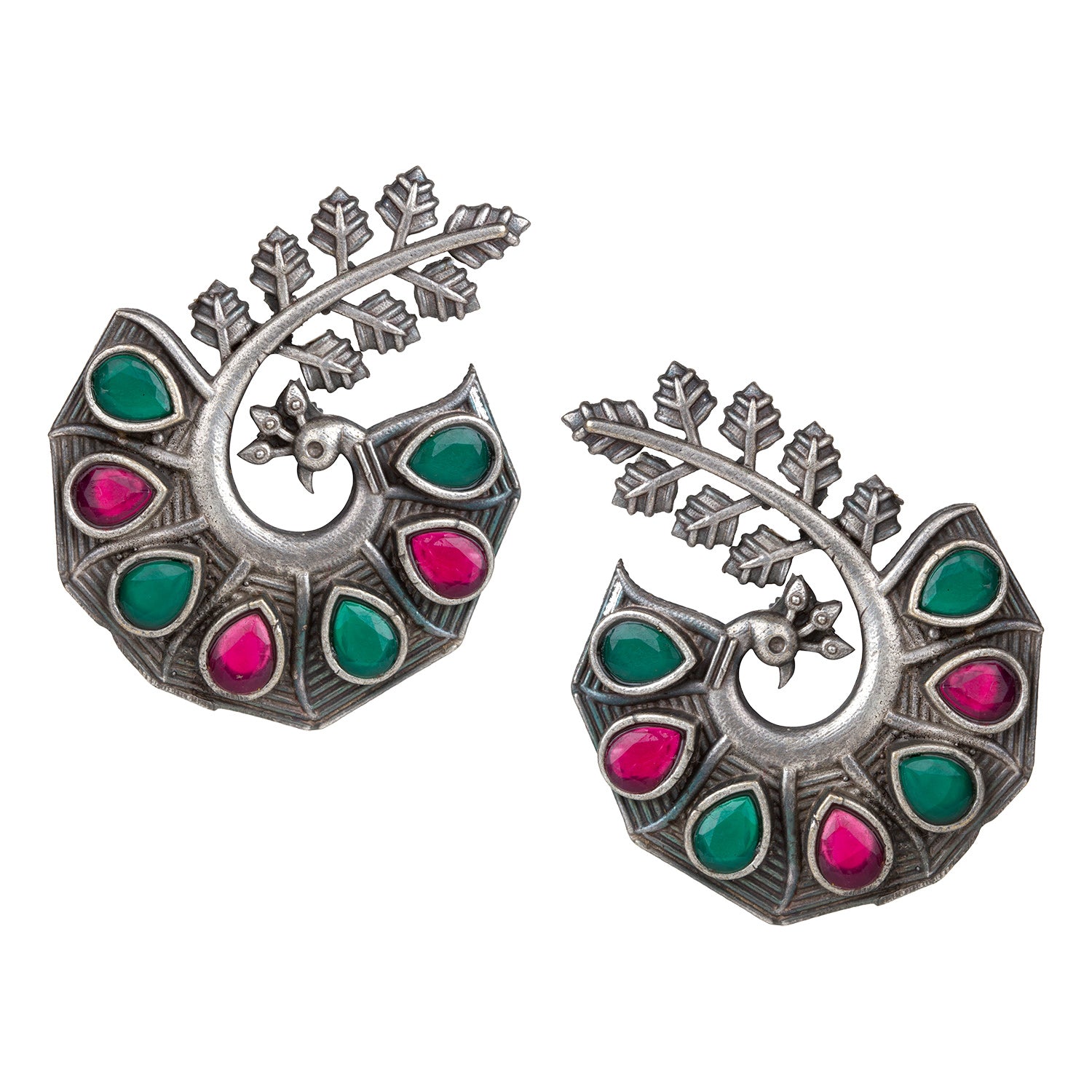 bindhani silver toned maroon green stone oxidised earrings for women girls