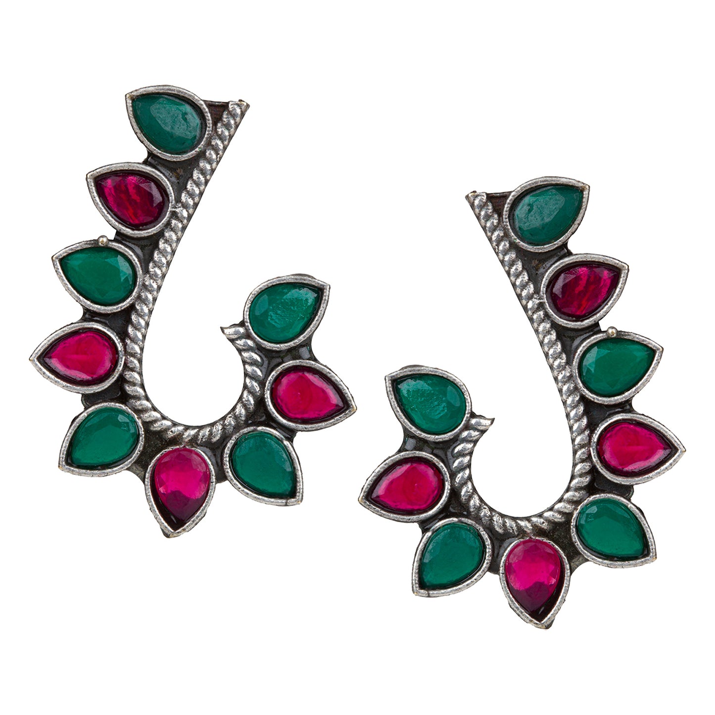 bindhani silver toned maroon green stone pearl beads oxidised earrings for women girls