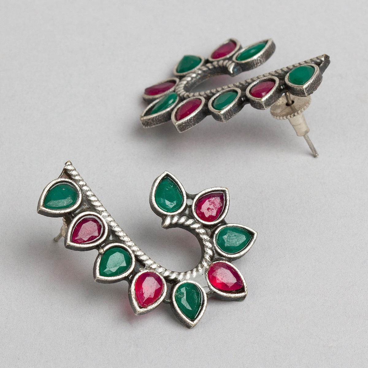 bindhani silver toned maroon green stone pearl beads oxidised earrings for women girls