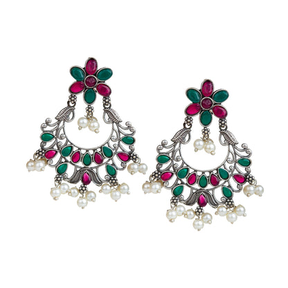 bindhani silver toned maroon red green stone pearl beads oxidised earrings for women girls