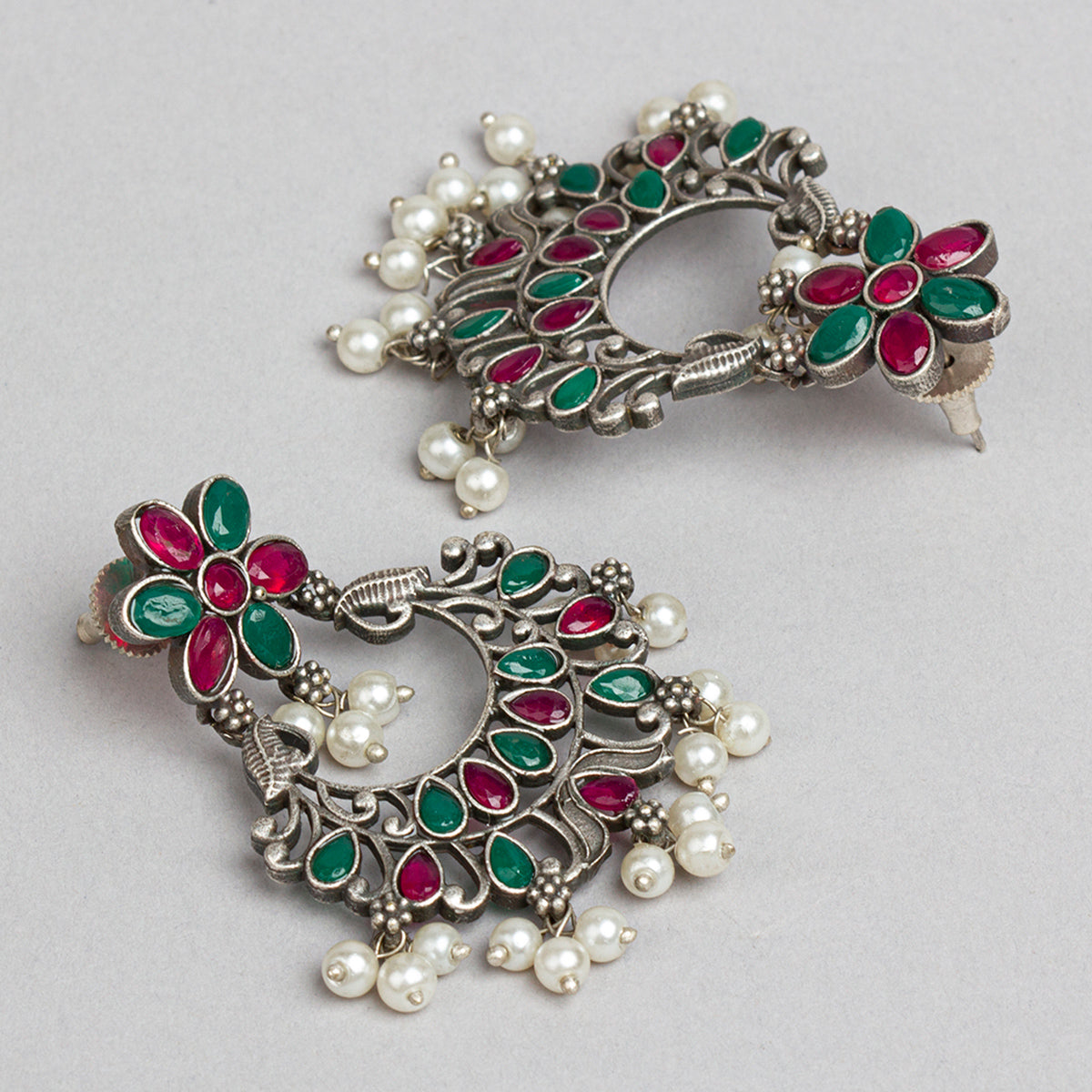 bindhani silver toned maroon red green stone pearl beads oxidised earrings for women girls