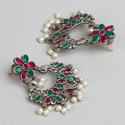 bindhani silver toned maroon red green stone pearl beads oxidised earrings for women girls