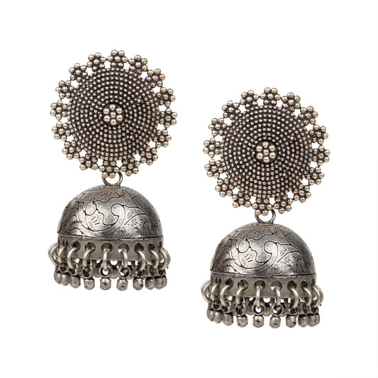 bindhani silver toned oxidized silver plated brass jhumki earrings for women and girls