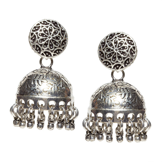 Bindhani silver toned oxidized silver plated brass jhumki earrings secured with post back closure for women and girls