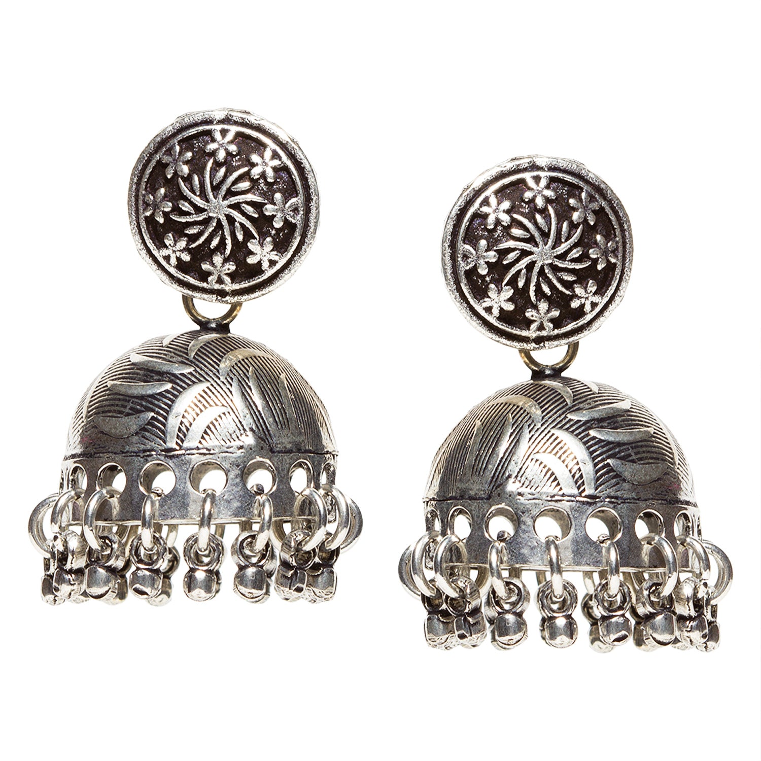 bindhani silver toned oxidized silver plated brass jhumki earrings for women and girls