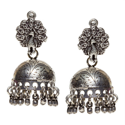 bindhani silver toned oxidized silver plated brass jhumki peacock earrings for women and girls