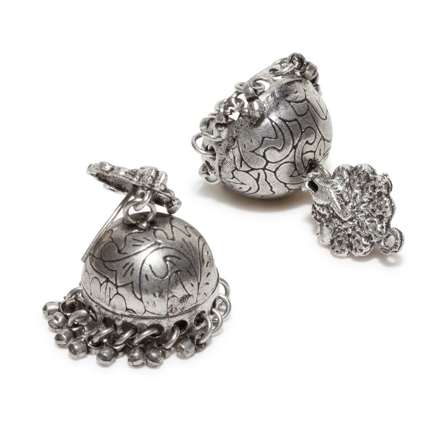 bindhani silver toned oxidized silver plated brass jhumki peacock earrings for women and girls