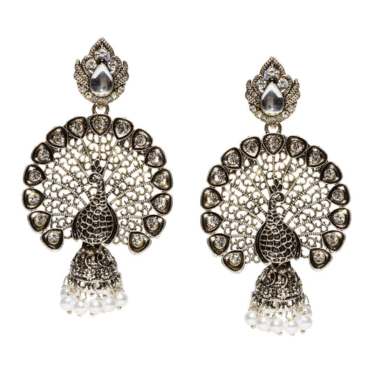 bindhani silver toned peacock shaped & beads stone oxidised jhumka earrings secured with post back closure for women and girls