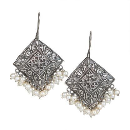 bindhani silver toned pearl beads oxidised earrings for women girls